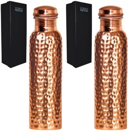 2 Pack 30 Ounce Pure Copper Drinking Vessel in Elegant Gift Box, Hammered Water Bottle with Screw-On Cap, Ayurvedic Benefits