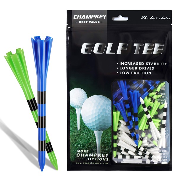 CHAMPKEY Premium 5 Prongs Golf Plastic Tees (75 Pack) | Reduce Friction & Side Spin Golf Tees
