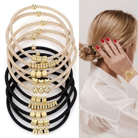 10 Pcs Boho Hair Ties Bracelet Gold Beads Elastic Blonde Ponytail Holder Blonde Cluff Aesthetic Boho Jewelry Hair Accessories Bling No Damage for Thick Thin Curly Hair Women