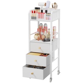 HapiRm Rolling Makeup Cart Organizer - Floor Skincare Make Up Storage with 3 Drawers, Vanity Organizer Cosmetic Display Cases Holder for Skin Care Perfume Nail Polish Brush Hair Tool, White