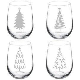 MIP Set of 4 Wine Glass Goblet Stylized Christmas Trees Collection (17 oz Stemless)