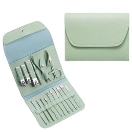 Stainless Steel Professional 16-Piece Manicure Pedicure Facial Set Grooming Kit with Luxurious Portable Travel Leather Case - Green
