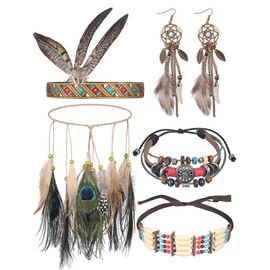 Hicarer 5 Pieces Indian Native American Jewelry Set Includes Feather Headdress Faux Peacock Feather Hair Band Boho Dream Catcher Dangle Earrings Choker Necklace Bracelet for Women Catcher Tassel