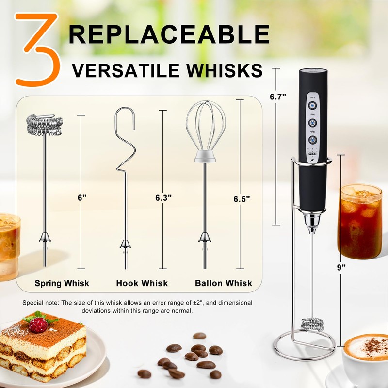 YUSWKO Black Handheld Milk Frother Wand with Stand for Coffee,