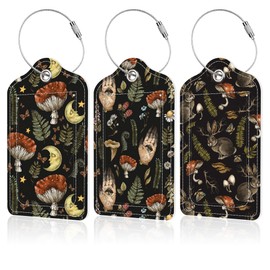 Amanita Mushroom and Rabbit Luggage Tags Set of 3 PU Leather Suitcase Tags with Stainless Steel Loop and Privacy Cover for Travel Bag Handbag Suitcase