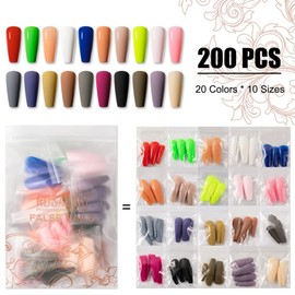 Glue-On Nails, 20 Colours, Matte and Lustre Tips for Gel Nails, Pack of 200 Artificial Nails for Gluing