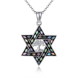 DAYLINLOVE Star of David Necklace 925 Sterling Silver Tree of Life Abalone Shell Pendant Necklace Hexagon Jewish Star Religious Jewellery Gifts for Men Women