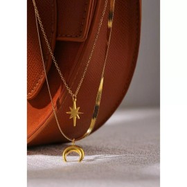 LUNA STELLA Necklace - Herringbone chain with horn pendant N dainty cable link chain