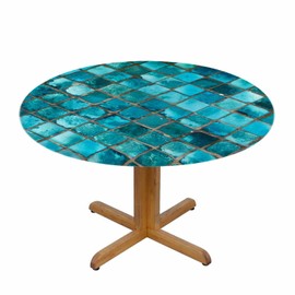 YINRON Square Glass Mosaic Round Table Cloth Turquoise Blue Asian Temple Wall Elastic Edged Table Cover Fade and Stain Resistant Table Cloths Easy to Clean Fits Tables 40-44" Diameter