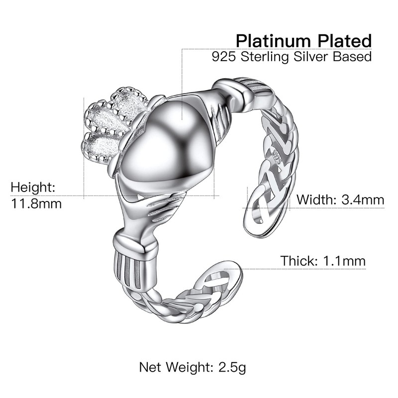 Suplight 925 Sterling Silver Adjustable Stackable Celtic Knot Claddagh Heart