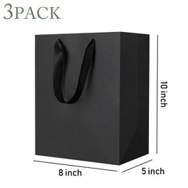 LUOKER Black Gift Bags with Handles,3Pcs Medium Thank You Gift Bag,DIY Black Paper Shopping Bags with Ribbon Handles,Gift Wrap Bags for Valentine's Day,Birthday,Anniversary,Holiday Party(Black-3pcs)