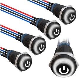 MKBKLLJY 5Pcs 12mm Momentary White LED Push Button Switch Black Shell with Power Mark LOGO IP65 Waterproof Push Button Switch SPST 2Position ON OFF with Pre-Wiring for Car Marine Boat Truck Equipment