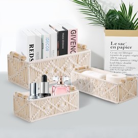 Boho Bathroom Decor Storage Baskets - Handwoven Macrame Set of 2, Woven Shelf Organizer for Bedroom Livingroom Home Countertop, Toilet Tank Bohemian Home Decor