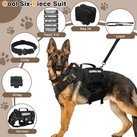 WINSEE Tactical Dog Harness with Dog Leash, Dog Collar, Service Working MOLLE Vest with 10 Pet Patches for Medium Dog, No Pull Military Harness and Backpack with Airtag Holdler