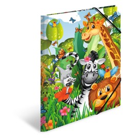 HERMA 19373 A4 Kindergarten Animals Jungle Collector's Folders, Pack of 3, Children's Cardboard Corner Folder with Inner Print and Elastic Band, Sturdy Cardboard Folders Set for Boys and Girls