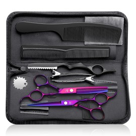 PURPLEBIRD Hair Cutting Scissors Kit, Professional Barber Scissors Hairdressing Shears Set with Stainless Steel Hair Scissors Thinning Scissors for Men Women Pet 10 Pcs Purple