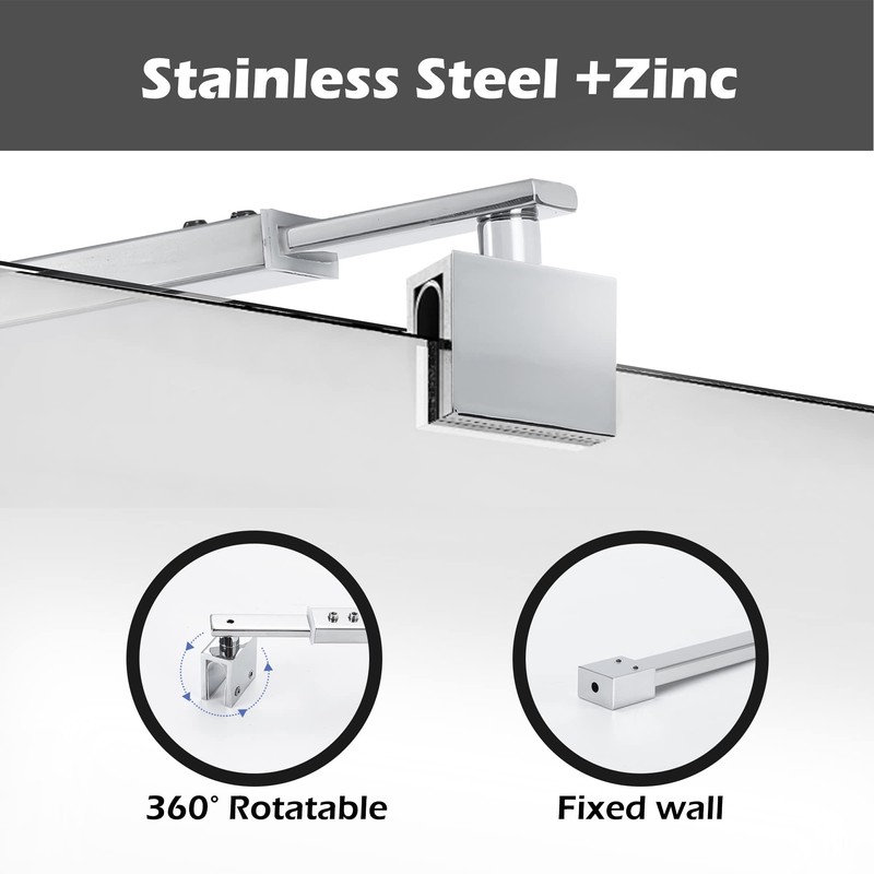 Polished Silver Stainless Steel Wall-to-Glass Bathroom Shower Support Bar Arm