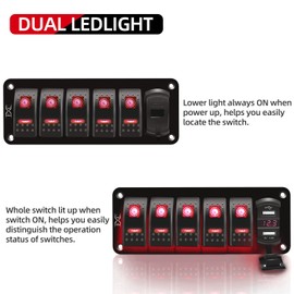 FXC 12V 24V DC 5 Gang Rocker Switch Aluminum Panel with Voltmeter & Dual USB(4.8 A) Fast Charging, Red Backlit Led, Pre-Wired Waterproof for Marine, Boat, Car, Truck, Polaris, Jeep (Red)