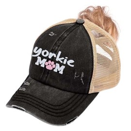 Yorkie Mom or Custom Dog Breed, Women's Criss Cross Ponytail Messy Bun Hat Cap, Yorkshire Terrier Owner Gift Present Birthday Clothing Mother's Day Christmas Wife Sister Daughter, Sewn on CC Base