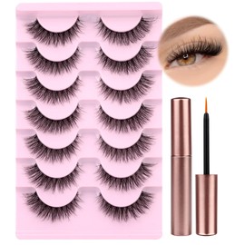 Wiwoseo Natural Wispy Fluffy Cat Eyes Mink Lashes With Glue Kit - Clear Band Russian Strip Eyelashes - Natural Look False Eyelash Extension - D Curly 7 Pairs Pack