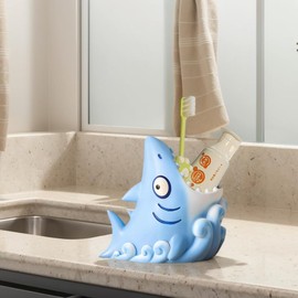 Cute Shark Resin Multifunctional Organizer: Toothbrush Holder, Makeup Brush Storage & Pen/Pencil Holder, Anti - Slip, Decorative Desk,Bathroom Accessory,Shark Decor