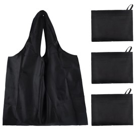 HENGBIRD 3 PCS Large Foldable Shopping Bag Water Resistant Shopping Tote Bag Lightweight Reusable Grocery Bags Washable Shopper Bag Eco Tote Handbag Folds Into Attached Pouch for Storage (Black)