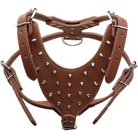 haoyueer Leather Spiked & Studded Medium & Large Dog Harness for Pit Bull, Mastiff, Boxer, Bull Terrier (Brown)