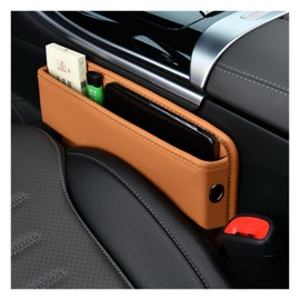 Ziciner Car Seat Gap Organizer, Premium Leather Auto Seat Storage Box, Vehicle Adjustable Front Seat Gap Filler, Car Seat Side Pocket Organizer for Phones, Glasses, Keys, Money, Cards (Khaki)