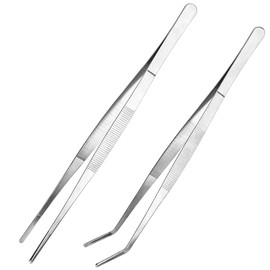 Kitchen Tweezers Long Tweezers Set, LEEFONE 2 PCS 12 Inch Stainless Steel Food Tweezers with Precision Serrated Tips for Cooking & Baking (Straight + Curved)