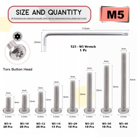 Hilitchi 110Pcs 8Sizes M5 Button Head Torx Security Screws Stainless Steel Tamper Proof Screws w T25 Bit, M5x8/10/12/16/20/25/30/40