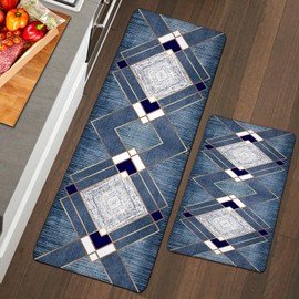 Blue Kitchen Rugs Mats Set of 2 Navy Grey Geometric Gold Line Anti Fatigue Kitchen Mat for Floor Non-Slip Rubber Cushioned Standing Mat Modern Kitchen Rug for Sink Laundry Home ,17.3x28+17.3x47 inch