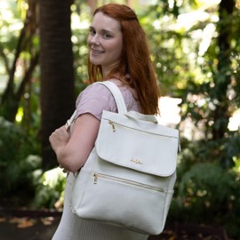 Roo and Bear Premium Vegan Leather Diaper Bag Backpack – Large Designer Baby Bag, Stylish Diaper Backpack with Stroller & Crossbody Straps & Multiple Compartments (Ivory)