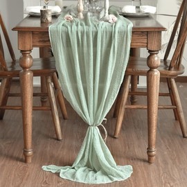 Artoid Mode Boho Sage Green Gauze Wedding Cheesecloth Table Runner, Seasonal Fabric Kitchen Dining Holiday Table Decor for Home Party 90x300 cm