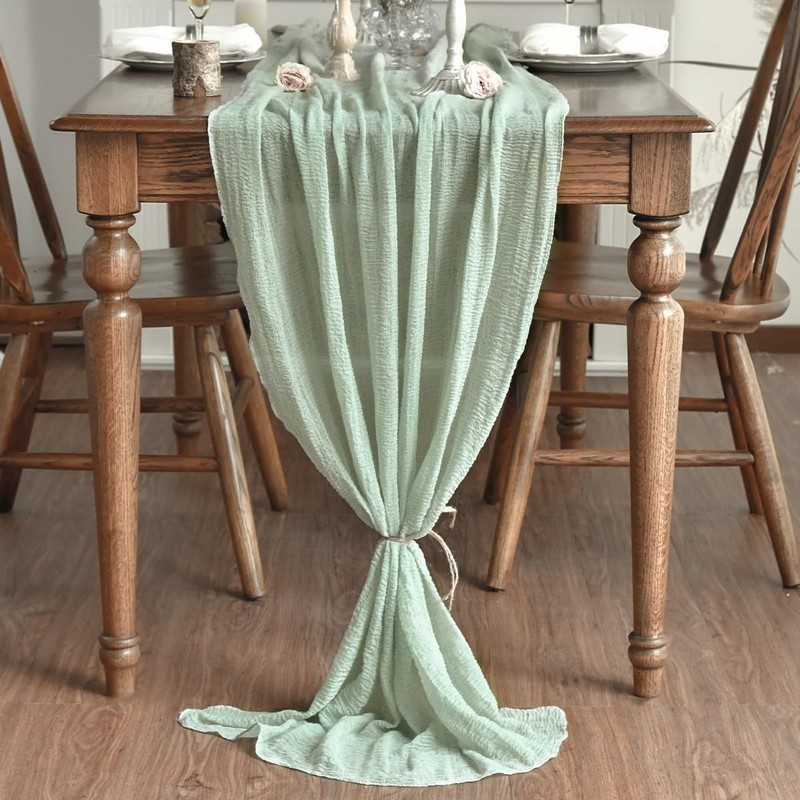 Artoid Mode Boho Sage Green Gauze Wedding Cheesecloth Table Runner,