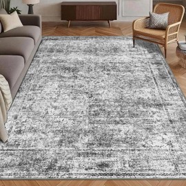 HIRUG Washable Area Rug 5' x 7' Vintage Traditional Persian Mat - Foldable Distressed Non-Slip Machine Washable Carpet for Living Room Bedroom Kitchen Home Decor - Graphite and Mist