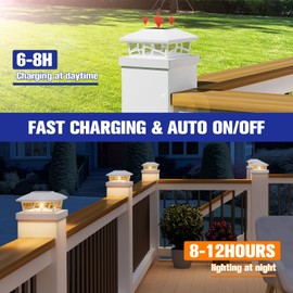 APONUO Solar Post Cap Lights, 3000K Warm Fence Post Solar Lights for Garden Patio Deck, Outdoor Waterproof Deck Posts Light Solar Powered for 3.5x3.5 4x4 5x5 Wooden/Vinyl, White 6 Packs
