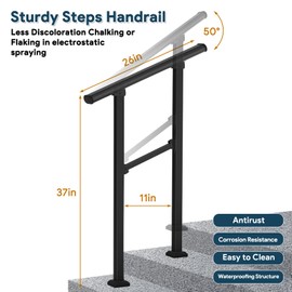Fasarxiu Handrails for Outdoor Steps,Black Handrail Fits 1 or 2 Steps,Handrail Kit for Seniors for Concrete Steps Outside Metal Stair Railing Porch