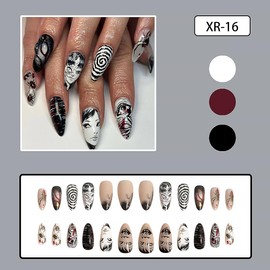 24Pcs Almond Press on Nails Medium Fake Nails Gothic Cartoon Anime Design Black White Full Cover Acrylic False Nails Glue on Nails Punk Glossy Reusable Design DIY Nails for Women Manicure Nails Art