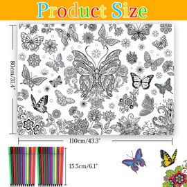HOWAF Butterfly Coloring Poster with 24pcs Paint Pens,Spring Summer Butterfly Jumbo Paper Coloring Banner,Floral Butterflies Coloring Tablecloth for Kids Party Favors Class School Home Activities