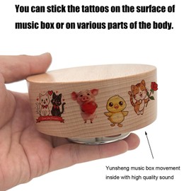 Rotating Music Box with DIY Tattoos Stickers- You are My Sunshine, 10cm Round Solid Wood Wind Up Musical Gift for Valentine's Day Women Girls Desktop Display Model Kits Holder