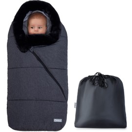 Orzbow Baby Foot Muff Pram Winter Foot Muff Buggy, Baby Sleeping Bag Baby Seat Winter, with Two-Way Zip, Washable, Removable Fur Collar, Suitable for All Pushchairs (Black)