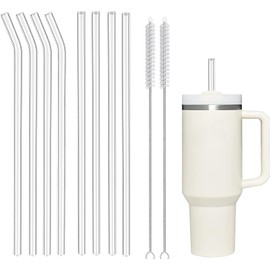 8 Pack Reusable Straws - 4 Long Glass Straws and 4 Wide Glass Straws Drinking Straws 12 oz and 20 oz Tumblers - 2 Cleaning Brushes Included