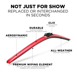 Clix Wipers - 28" Red Automotive Replacement Wiper Blade (Pack of 1) Universal Clip On All-Weather Flex Frame Windshield Wiper