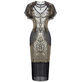 FAIRY COUPLE 1920s Knee Length Flapper Party Dress Layer Tassels Hem Sequined Cap Sleeve Cocktail Dress S Champagne Gold