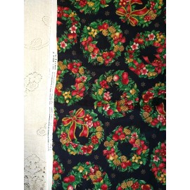 Cranston Christmas Wreaths On Black Cranston Cotton Fabric BTHY 1/2 Yard 18 x 44” Holly