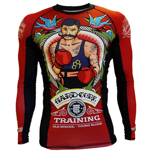 Hardcore Training Old Tattoo 2.0 Rouge Chemise de Compression Homme MMA BJJ Fitness Arts Martiaux No Gi Grappling Boxe Workout