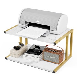 XBurmo Printer Stand with 2 Tier Wood Printer Shelf Desktop Organizer for Small Space Fax Machine Desktop Printer Stand with Storage Books Trays Under Desk Shelf White