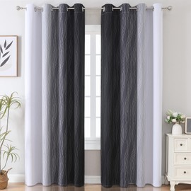 VEHEDE Ombre Blackout Curtains for Bedroom 96 Inch Drop, Thermal Wave Curtains for Sliding Door, Noise Reducing Wave Stripe Drapes for Living Room W52 x L96 Inch, Black and Greyish White, 2 Panels