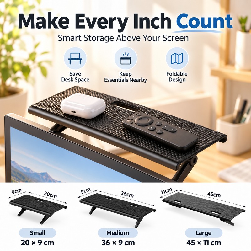 Adjustable Monitor Top Shelf for Space-Saving Storage – Foldable Screen