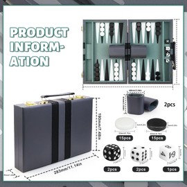 Backgammon Suitcase, with High-Quality Leather Case, Portable and Travel Backgammon Set (Blue/Grey)